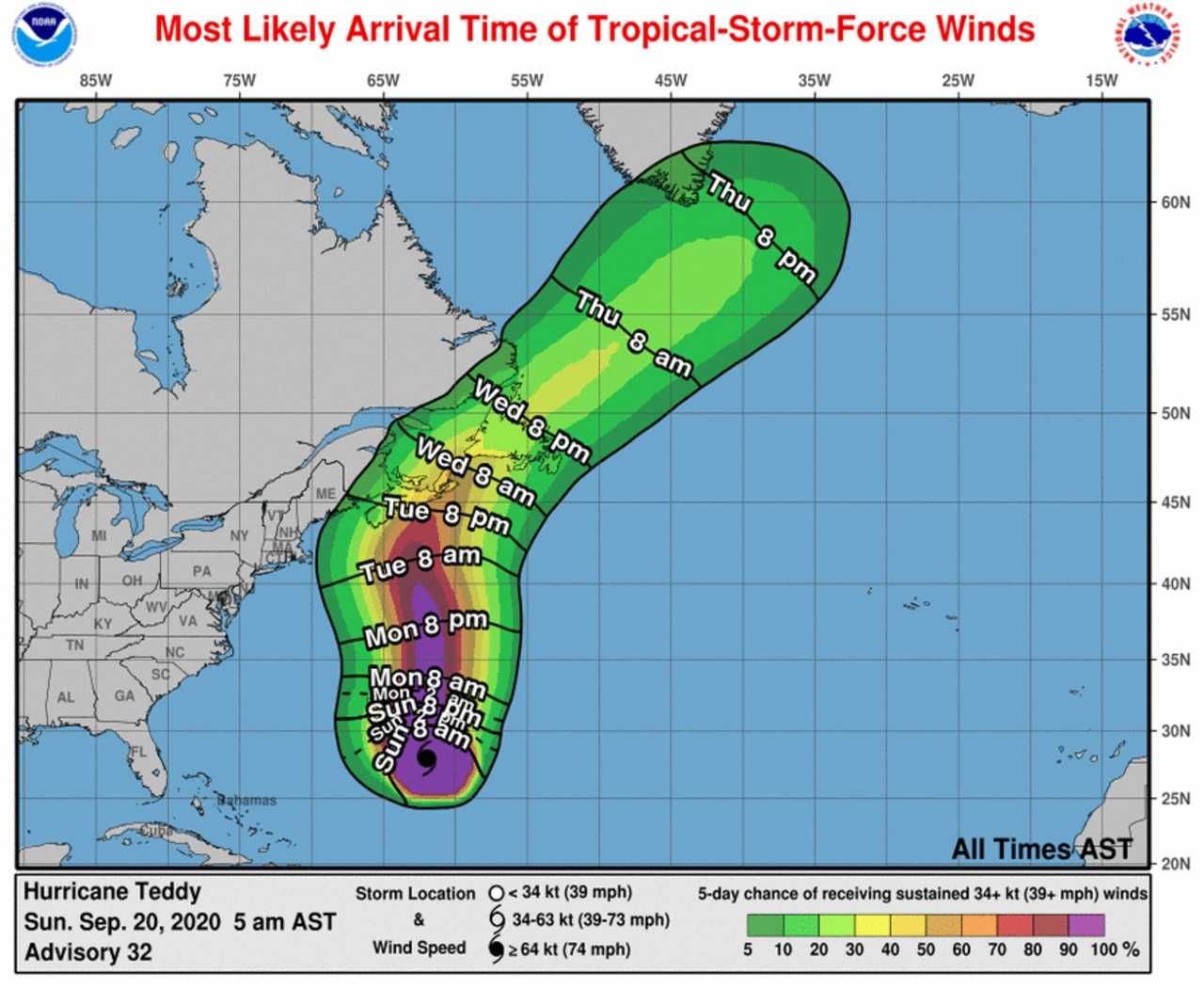 Arrival times for Tropical-Storm-Force winds from Hurricane Teddy.