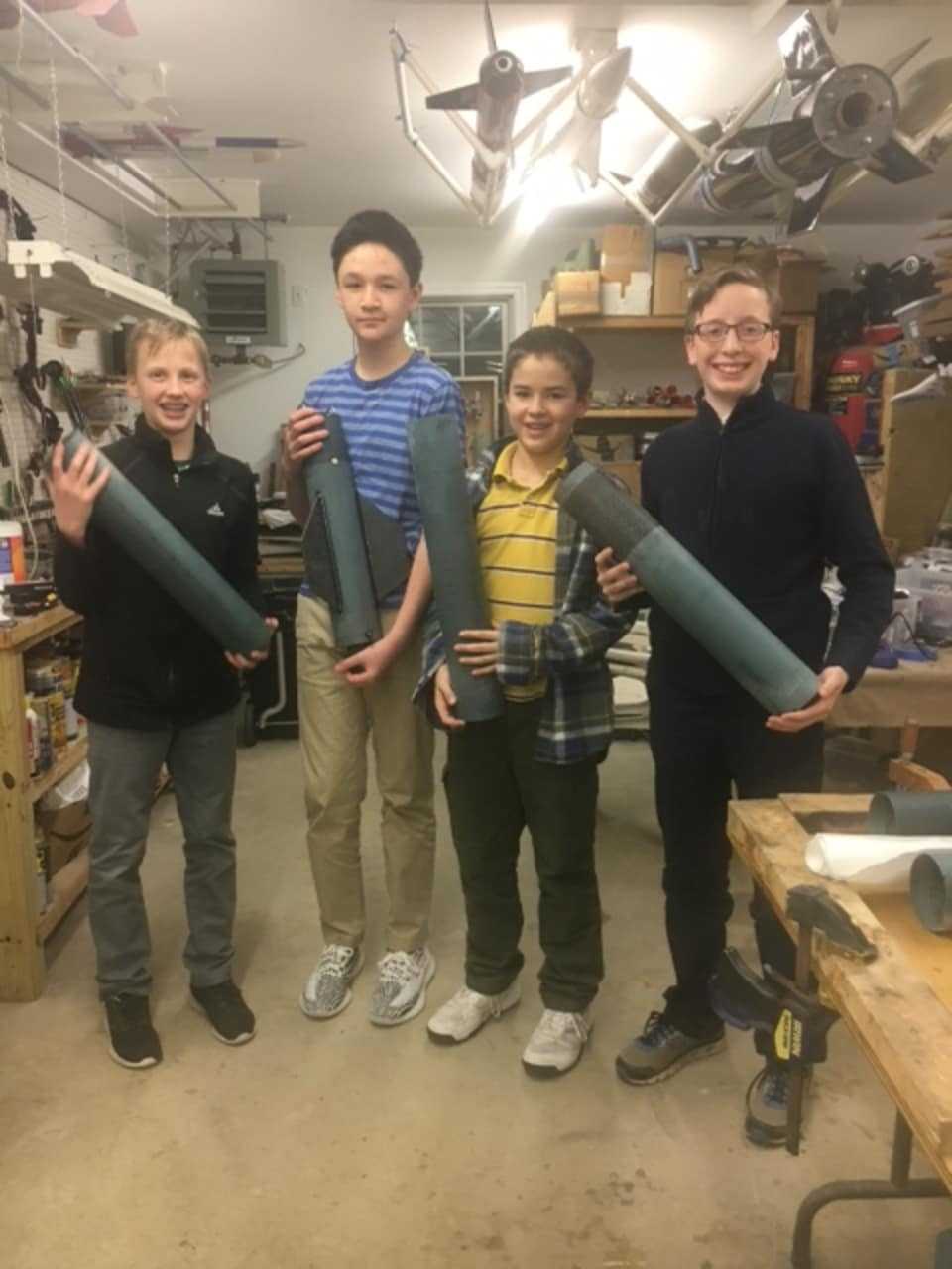 Mack Seidman, 13, of Mt. Kisco; Sean Wilder, 14, of Katonah; Gus Kelley, 14, of Mt. Kisco; and Joe Shea, 13, of South Salem are preparing to head to Huntsville, AL with the St. Monica Rocketry Group in April to participate in the NASA Student Launch.