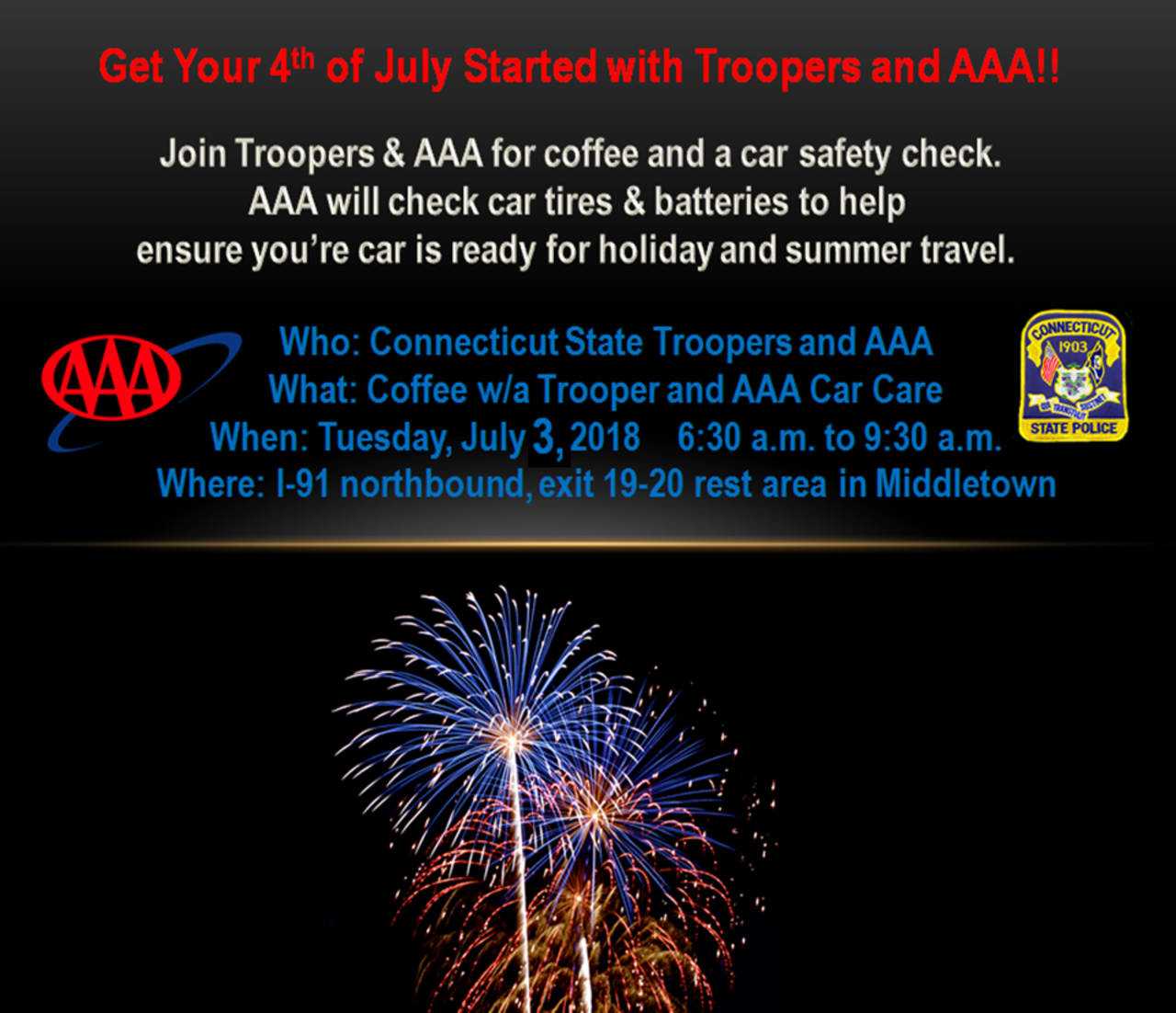 A list of coffee stops co-sponsored by the AAA and Connecticut State Police.