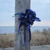 Large navy blue bows were tied to a utility pole and a closed gate near where police found an unresponsive man in a car Monday morning.