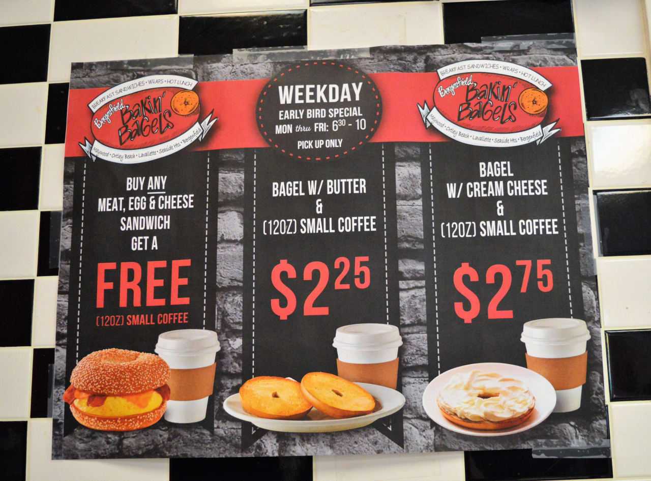 The bagel specials at Bakin' Bagels.