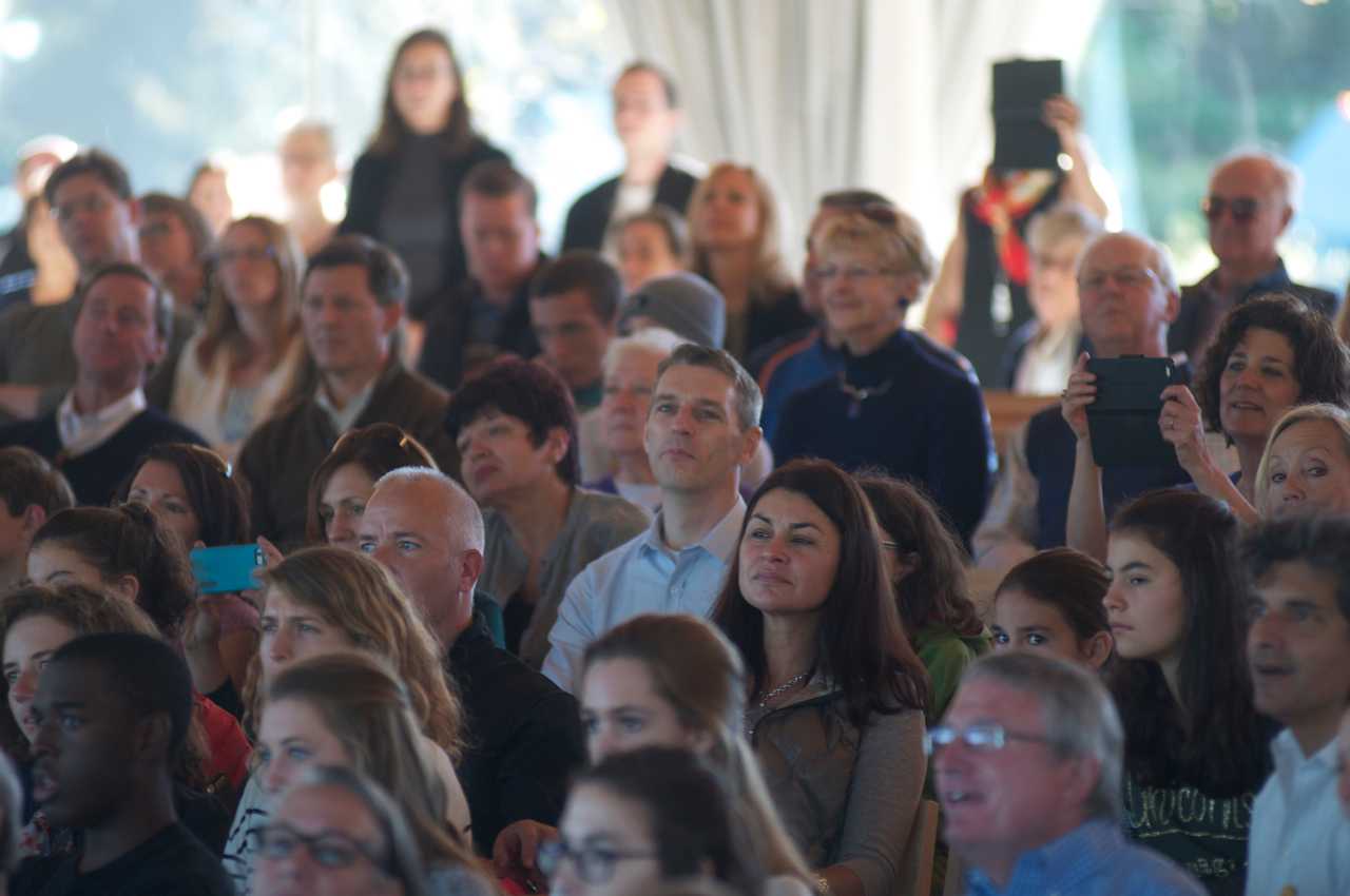 Crowds watch a performance in the Sanctuary at Grace Farms. 