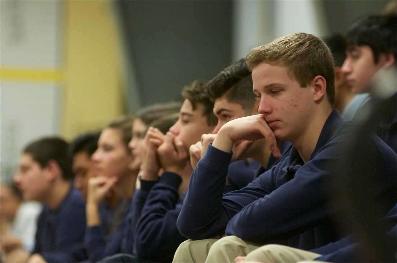 Students listen intently Tuesday morning as speaker Joel Feldman enlightens them on the dangers of distracted driving.