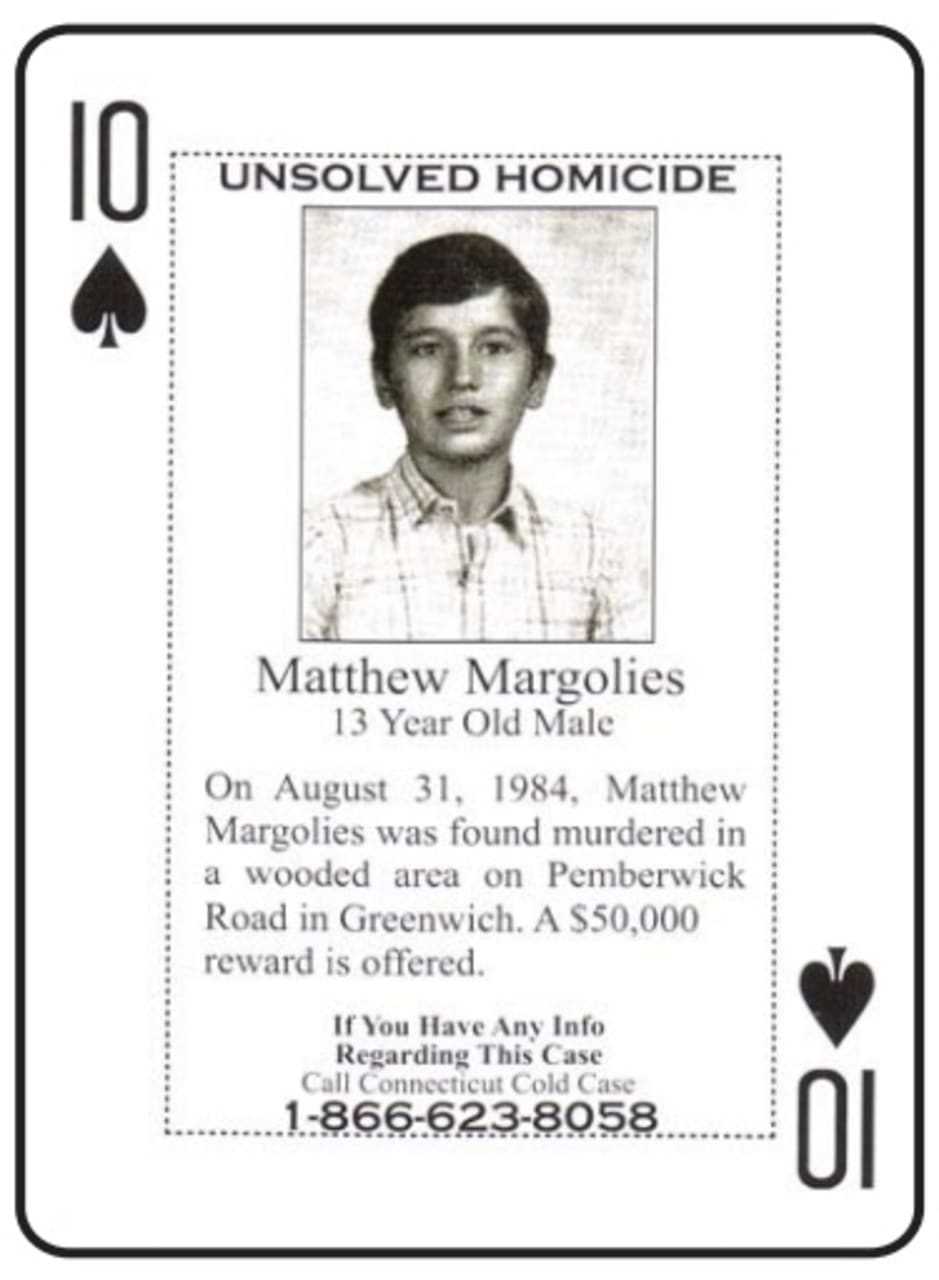 The unsolved murder of 13-year-old Matthew Margolies of Greenwich is one of several included in a new deck of cold case cards distributed to Connecticut inmates.