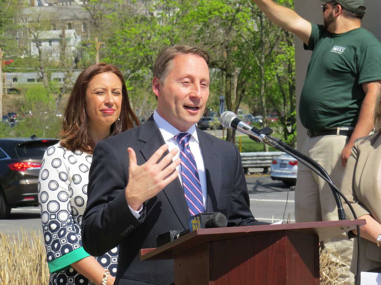 Westchester County Executive Rob Astorino announcing the kick off of "Bicycle Sundays" before the Parks Foundation revealed the new logo.
