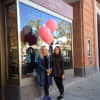 Philly Smith, manager, and Chelsea Oarr, supervisor, in front Sweaty Betty on Greenwich Avenue on Thursday for Go For Pink in Greenwich.