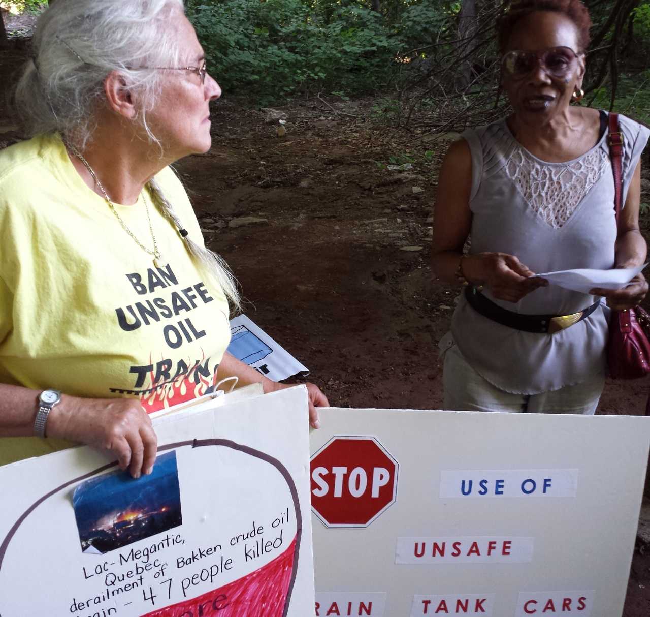 Teaneck Activist Paula Rogovin, left, at a recent "bomb train" rally.