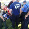Westport Fire personnel work to free a kitten trapped in a car at the Fairfield County Hunt Club Horse Show Wednesday.