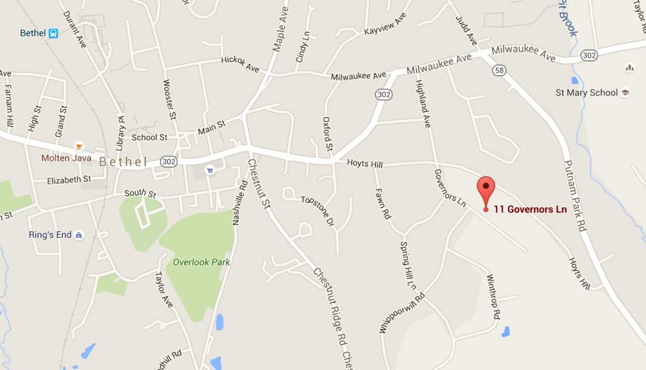 11 Governors Lane is just east of downtown Bethel in a residential neighborhood.