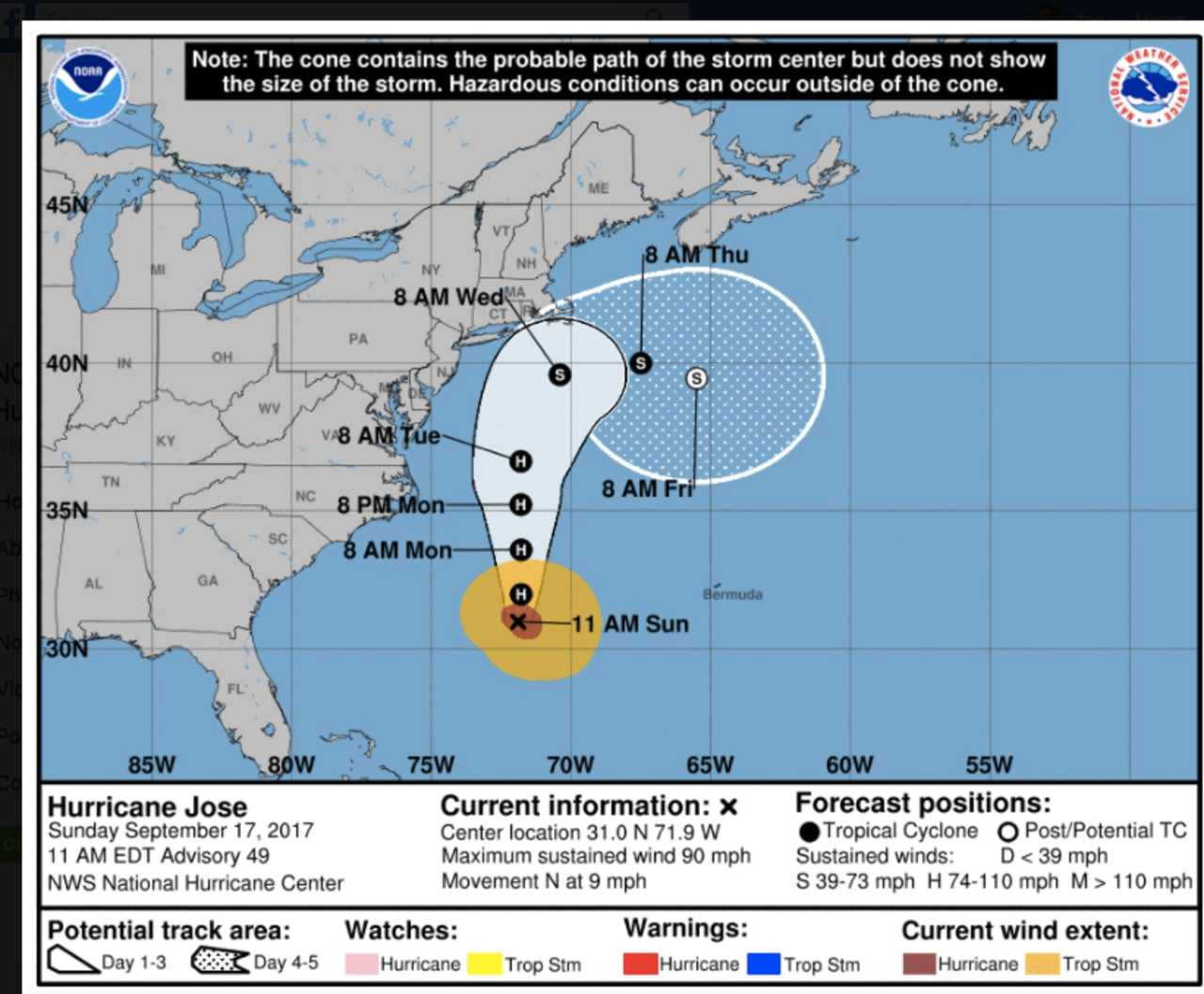 The latest projected forecast path for Category 1 Jose, released Sunday morning by the National Hurricane Center.