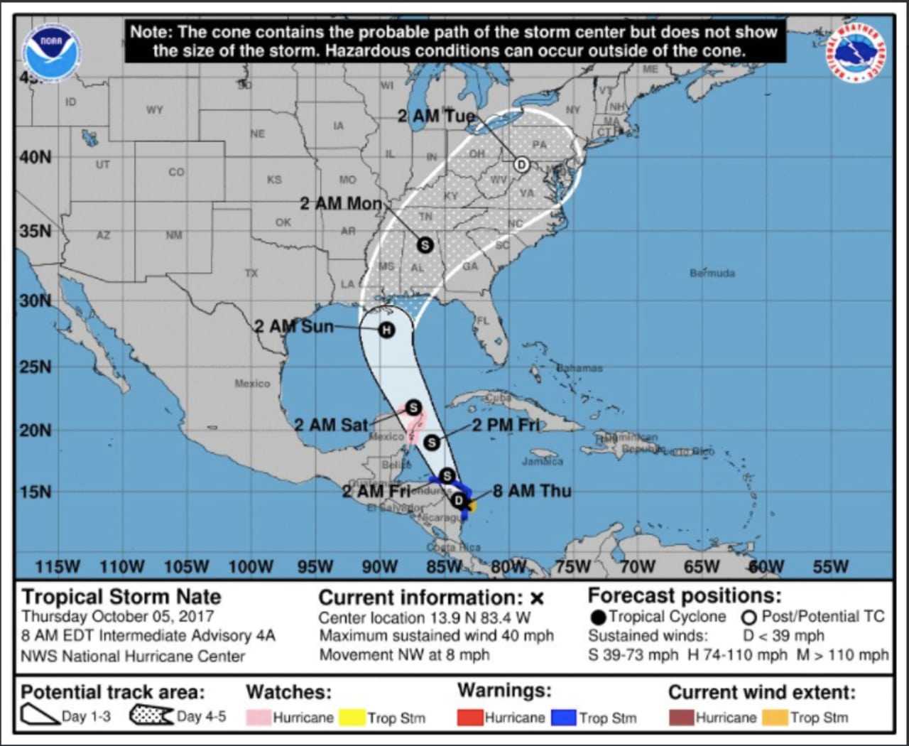 The latest projected path of Tropical Storm Nate from the National Hurricane Center.