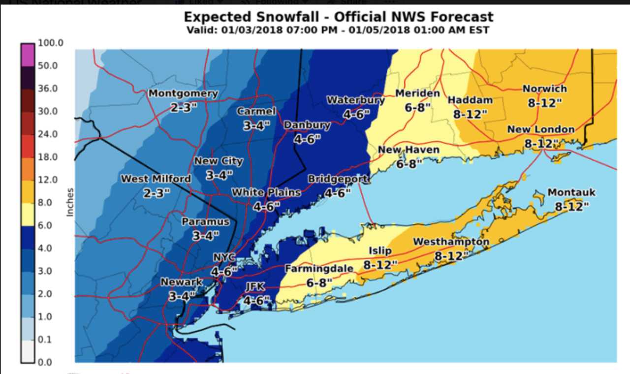 The latest projected snowfall totals, released Wednesday morning, for the storm arriving overnight Wednesday and continuing through Thursday.
