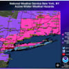 Winter Storm Warnings are in effect for areas in pink, and Winter Storm Advisories for areas in purple.