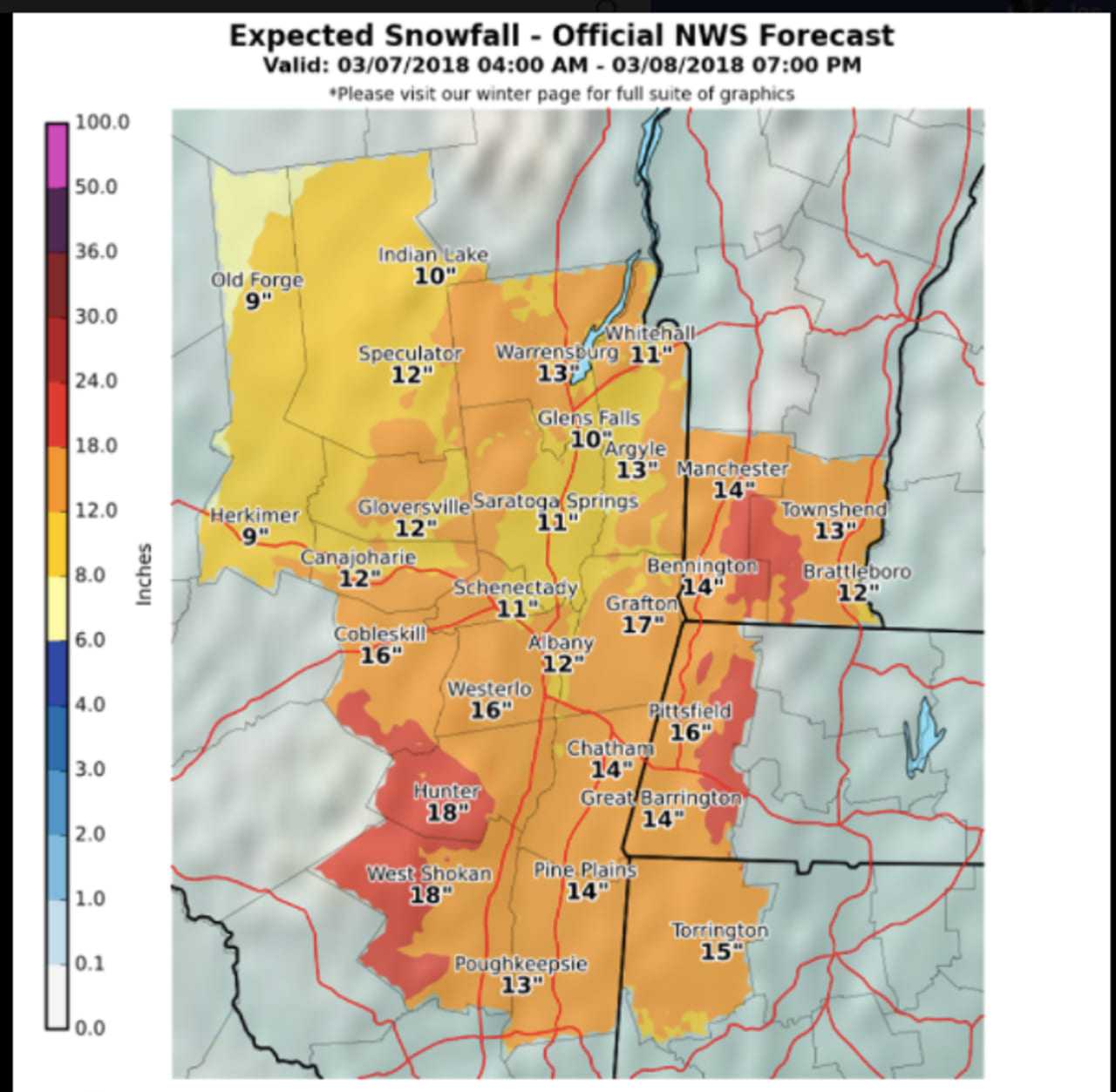 Snowfall projections for Dutchess and points north, also released Wednesday morning.