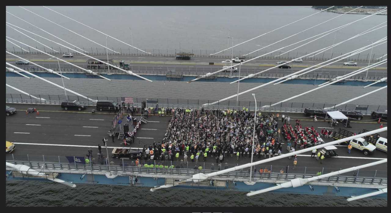 A bird's eye viewing of the ceremony marking the opening of the eastbound span of the new Tappan Zee Bridge in September.