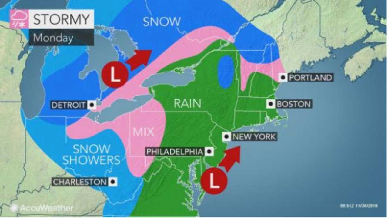 The same storm that brought blizzard conditions to parts of the Midwest will sweep through the Northeast on Monday, bringing mainly rain.