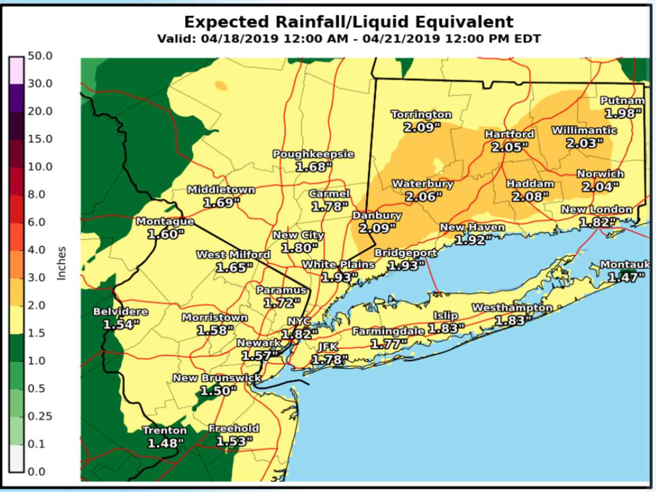 A look at expected rainfall from the storm system that will sweep through the area.