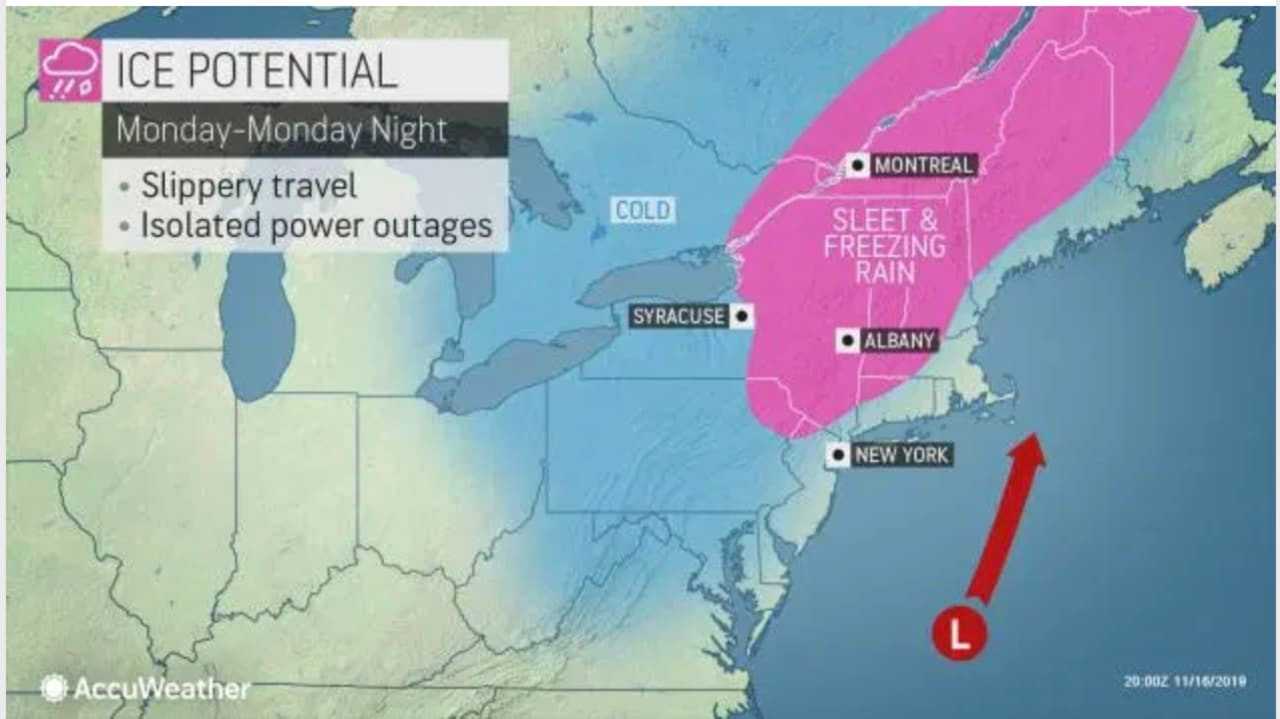 Areas shown in pink will see sleet, freezing rain and ice.
