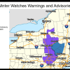 A look at counties where winter weather advisories (blue) and winter storm watches (light blue) are in effect.