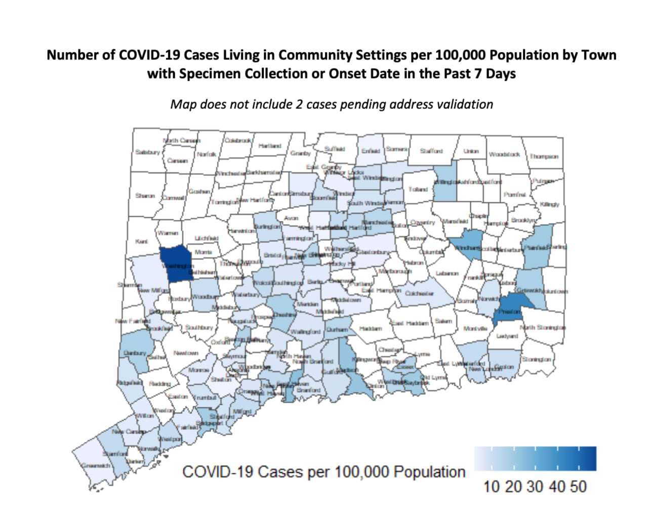 The breakdown of new COVID-19 cases in each Connecticut municipality per 100,000 residents.
