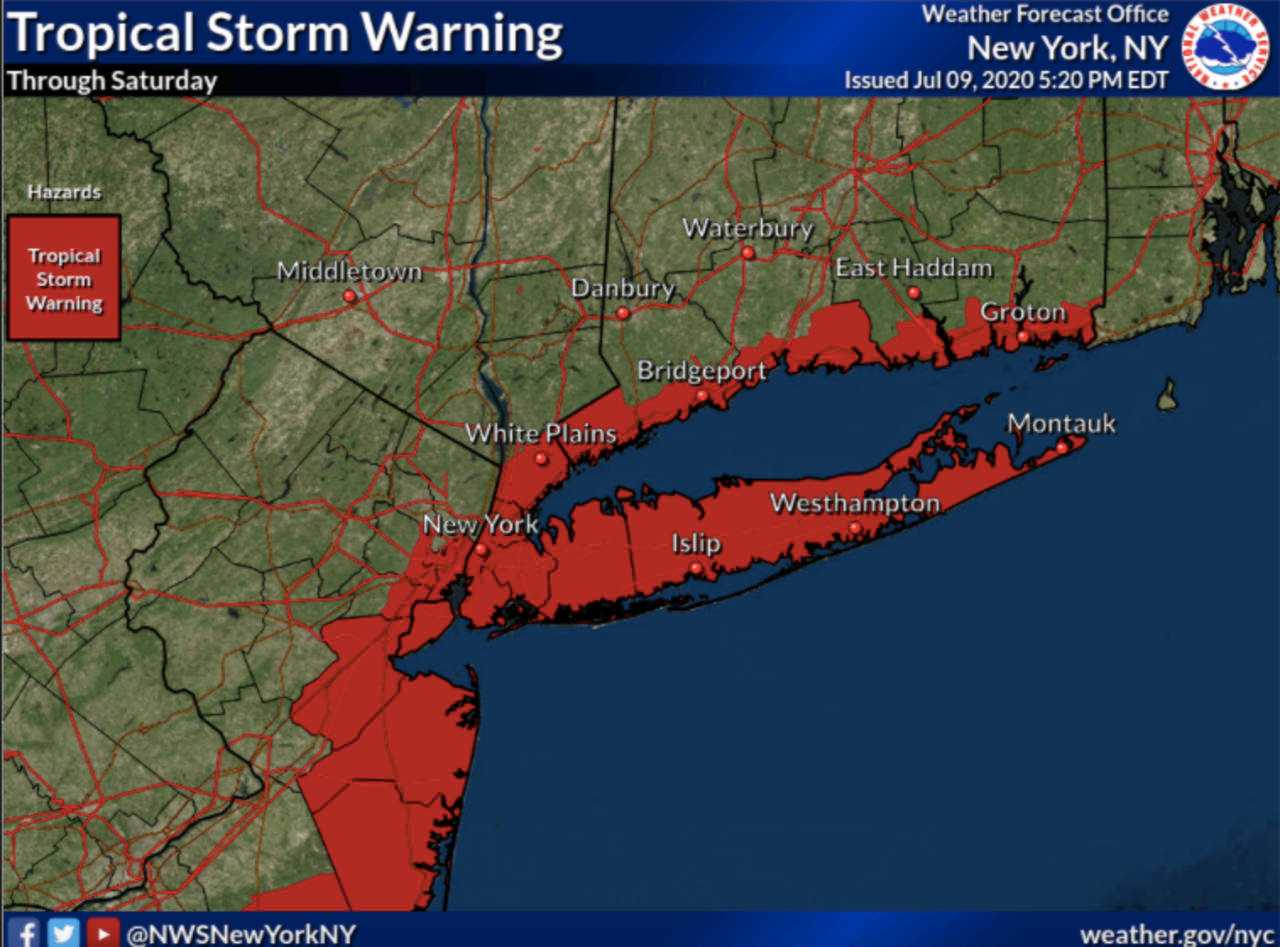 A look at areas (in red) where a Tropical Storm Warning is in effect.
