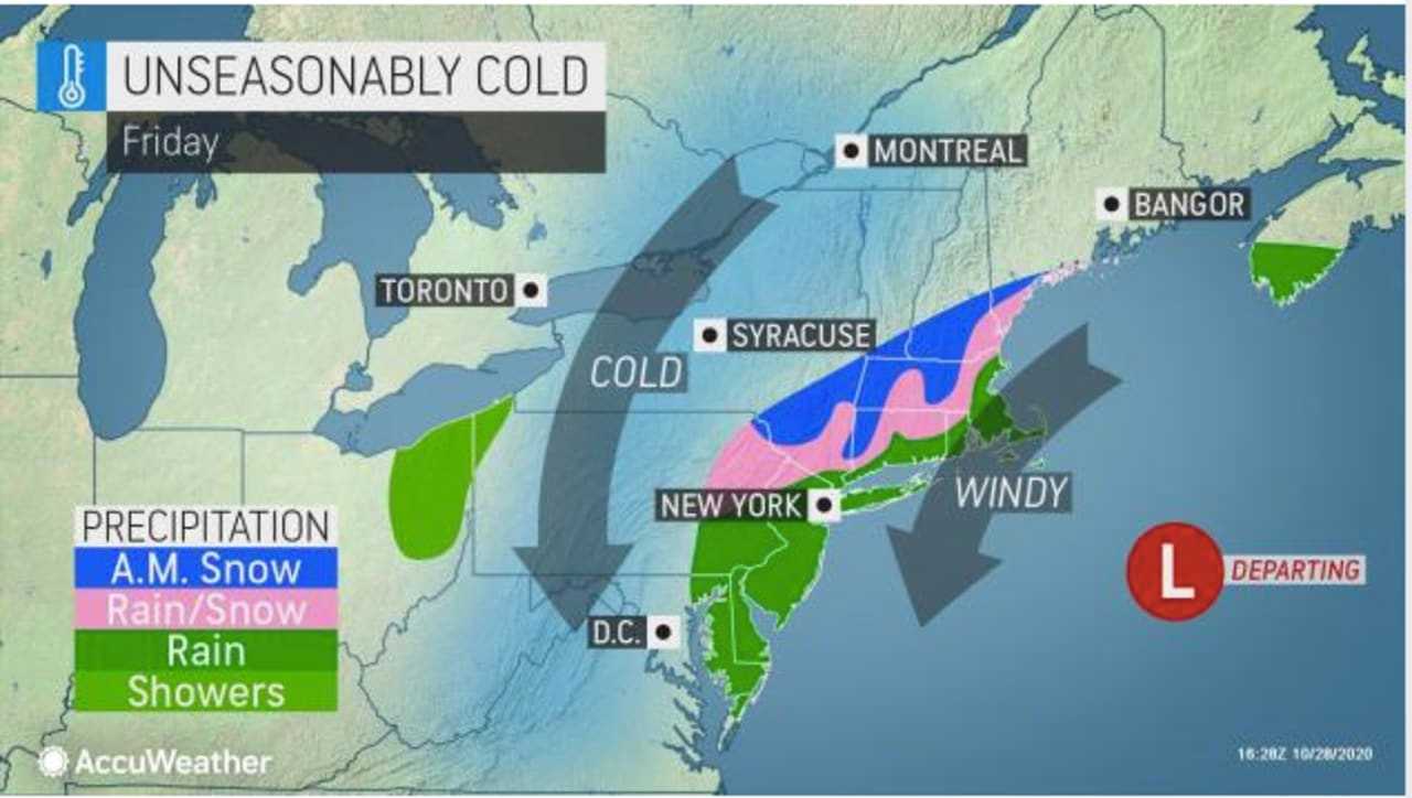 A look at areas expected to see a mix of rain and snow (in pink) and snow (in blue) on Friday morning, Oct. 30.