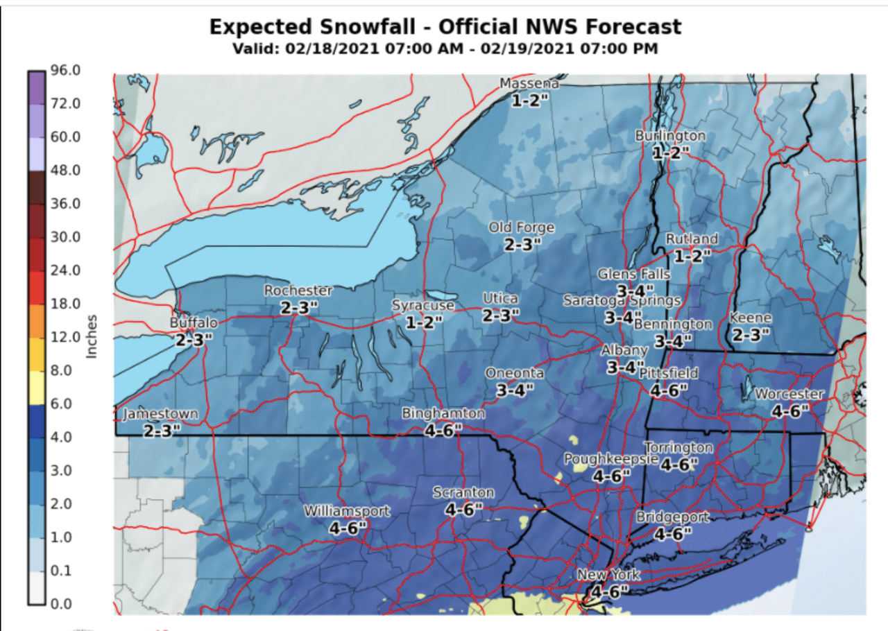 A look at the latest projected snowfall totals released by the National Weather Service on Thursday, Feb. 18.