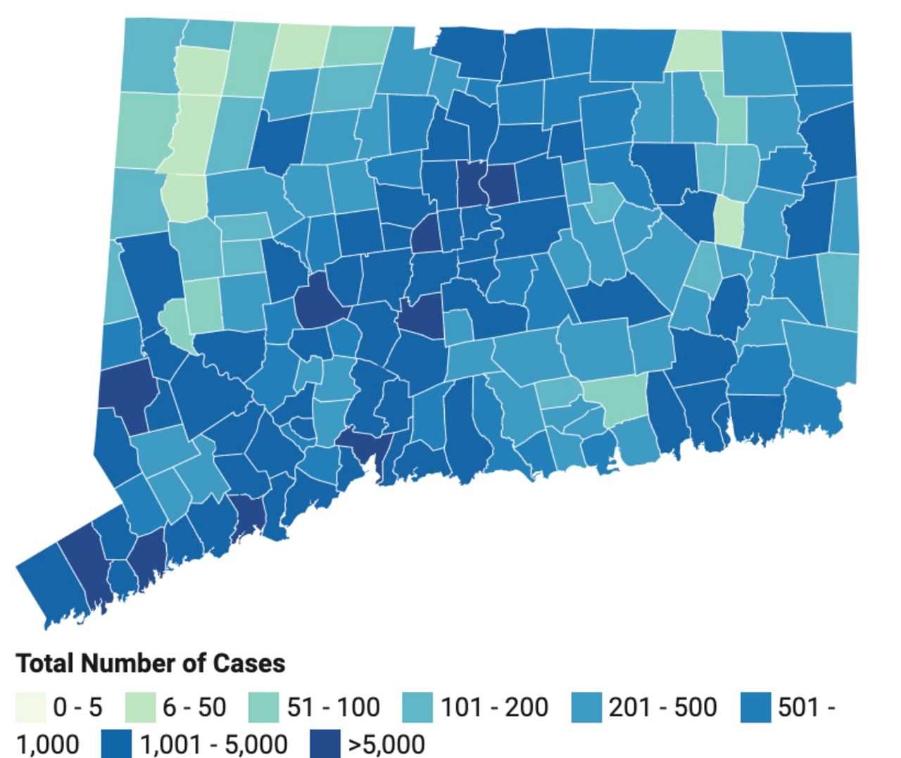 This map shows the distribution of COVID-19 cases, deaths, and tests since the beginning of the pandemic. Darker colors indicate towns with more cases.