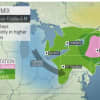 A look at areas where a wintry mix (shown in pink) is expected Thursday night, April 15 into Friday, April 16.