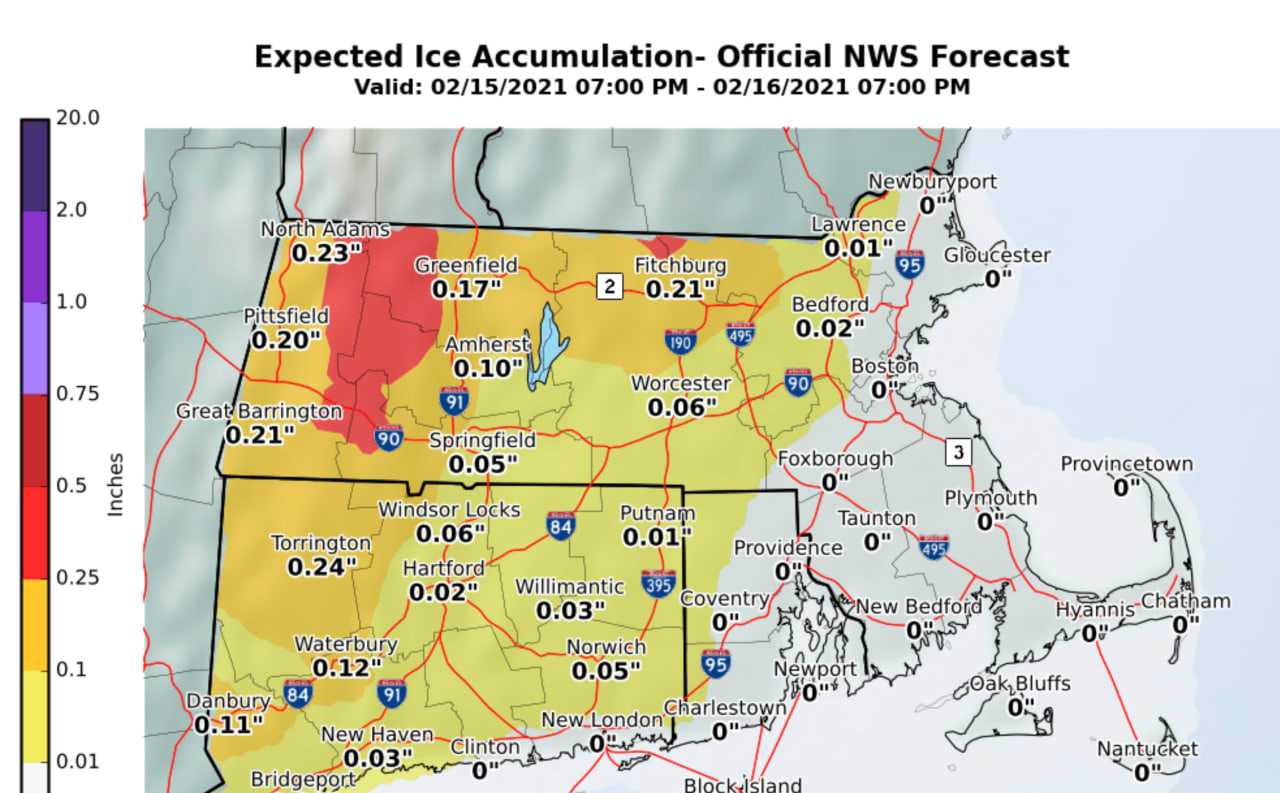 Ice accumulation map for Feb. 15-16 by the National Weather Service 2021