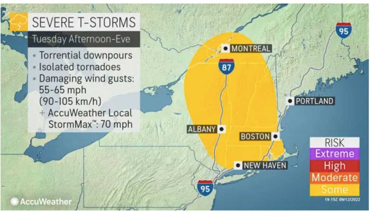 Areas where severe storms are most likely on Tuesday are shown here.