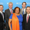 From left: Jonathan Moffly, of, Moffly Media, FCCF Board member; Bill Tommins, of Bank of America; Juanita James, CEO & President, Fairfield County’s Community Foundation; U.S. Rep. Jim Himes; and state Senate Majority Leader Bob Duff.