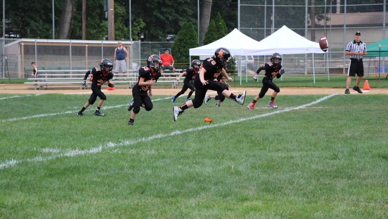 Pee Wee Aviator Andrew Victori kicks off the 2016 Meadowlands Football League season in New Milford.