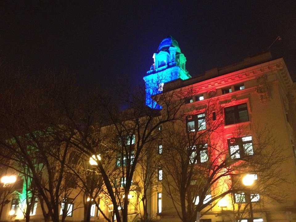 Yonkers City Hall Clocktower lit in South Africa's colors in honor of Nelson Mandela.