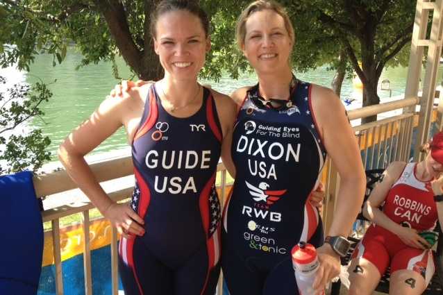 Amy Dixon, right, and guide Caroline Gaynor take a picture after finishing third in Sunday's race.