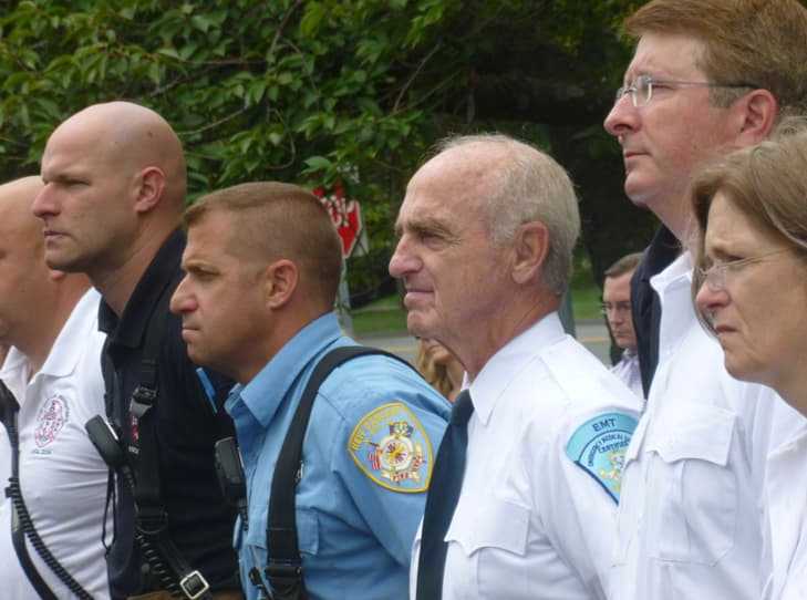 Attendees at the New Canaan 9/11 memorial ceremony in front of the police station.