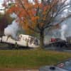 The Greenwich Fire Department is putting out the truck fire on the Merritt Parkway.
