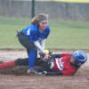 Alexis Bazos is tagged out at second by Port Chester's Marissa Arminio.