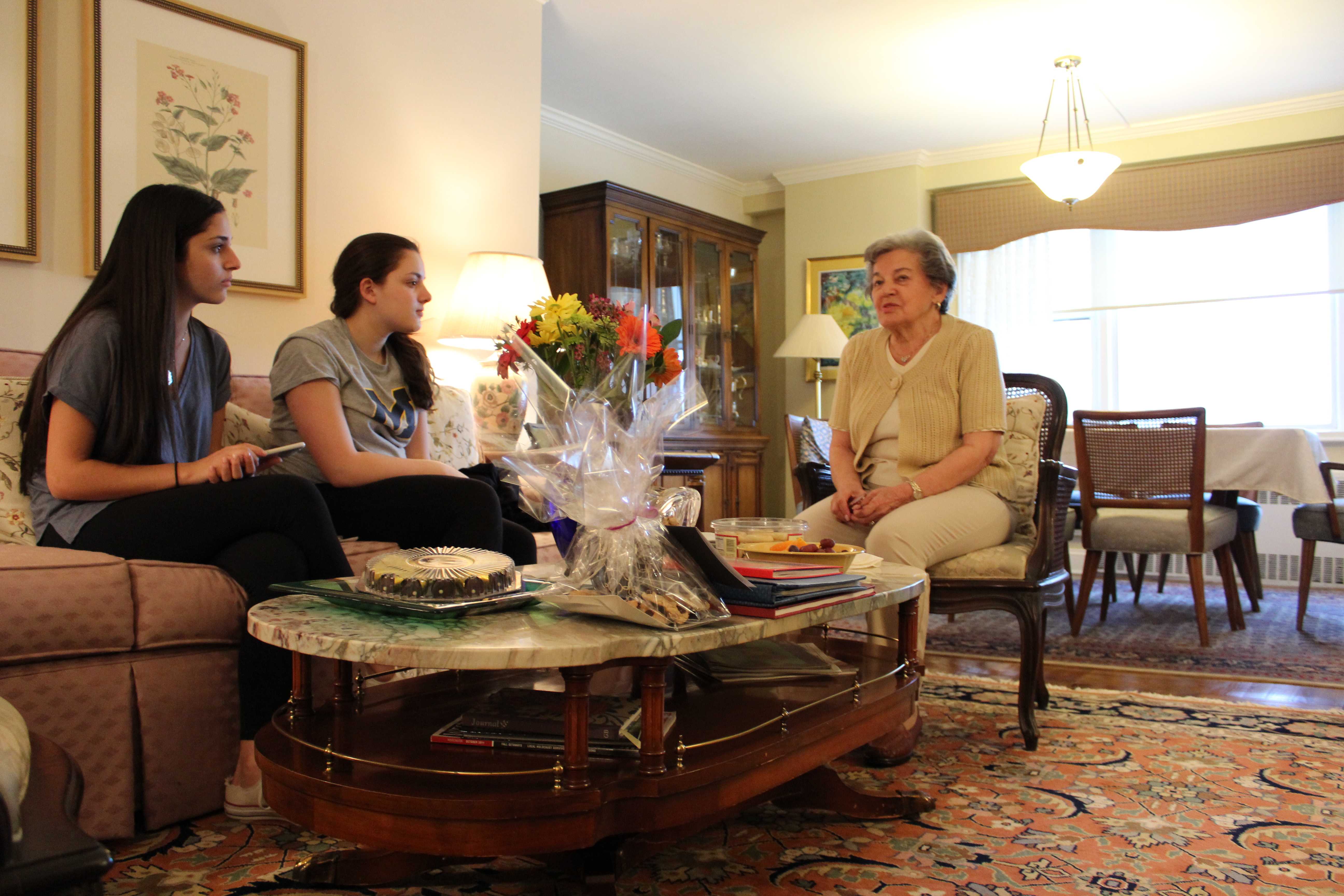 CTeen members Brianna Apple and Dalia Kaufman record Esther Gheizel's story for The Legacy Project.