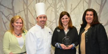 Deborah Gorglione, Diet Office Supervisor, John Graziano, Executive Chef, Dawn Cascio, Director of Food and Nutrition, and Maria Mediago, Vice President of Facilities Management, all of the Valley Hospital receive their award.