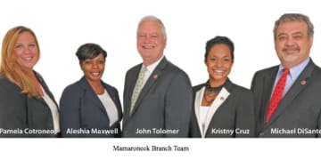 John Tolomer, center, and the Mamaroneck team at the Westchester Bank will attend a ribbon cutting ceremony on Saturday, May 21.