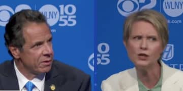 Gov. Andrew Cuomo and Democratic challenger Cynthia Nixon during Wednesday's debate on WCBS-TV.