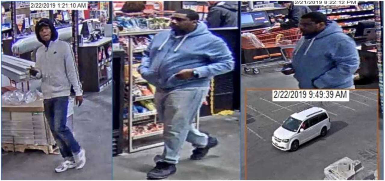 The individuals in the photos above are suspected of stealing merchandise from the Home Depot, and then leaving the area in a white Dodge Caravan minivan.