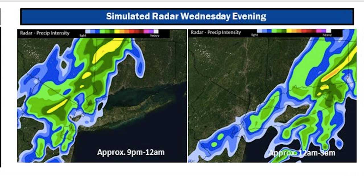 A simulated radar image of the region for Wednesday evening, March 29 from the National Weather Service.