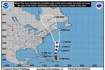 New Projected Path Takes Tropical Storm Philippe's Cone Into New England