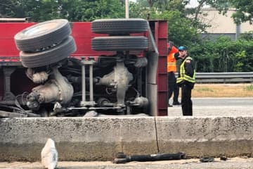 ROUTE 80 CRASH: Dump Truck Lands On Divider, Spills Gravel In Multi-Vehicle Pileup