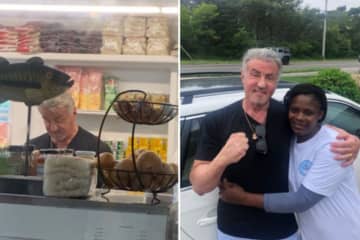 Sly Stallone Stops By Mass Seafood Market To Meet Local Celebrity