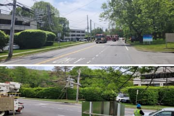 Fallen Telephone Pole, Low Wires Close Busy Road In Northern Westchester