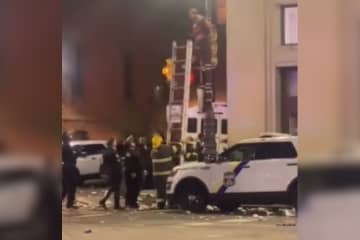 Triumphant Phillies Fan Climbs Street Pole, Gets Stuck (VIDEO)