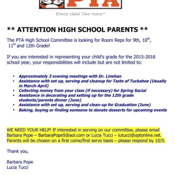 The Tuckahoe PTA is looking for room representatives for the high school for this school year.